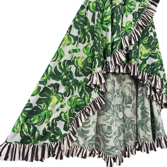 Caroline Constas Maxi High Low Skirt Palm Leaf Print Striped Ruffle Trim Size M - Picture 4 of 8